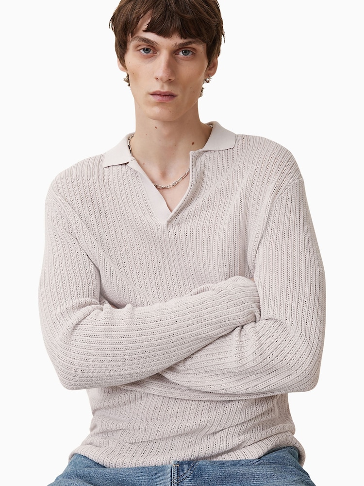 AllSaints Natural Thoma Long Sleeve 100% Organic Cotton Polo Shirt - Image 1 of 7