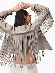AllSaints Grey Asta Suede Jacket - Image 6 of 10