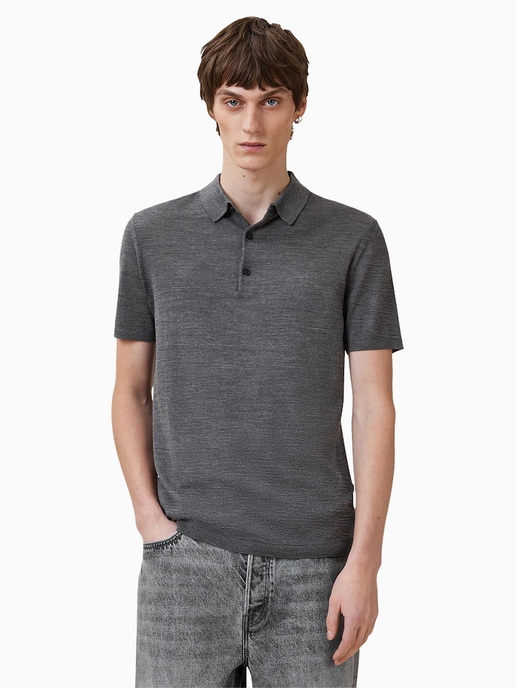 AllSaints Grey Maes Merino Polo Shirt - Image 1 of 6