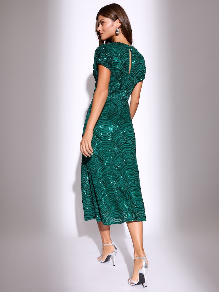 Lipsy Green Sleeve Fit Premium Sequin Embellished Short And Flare Midi Dress - Image 4 of 4
