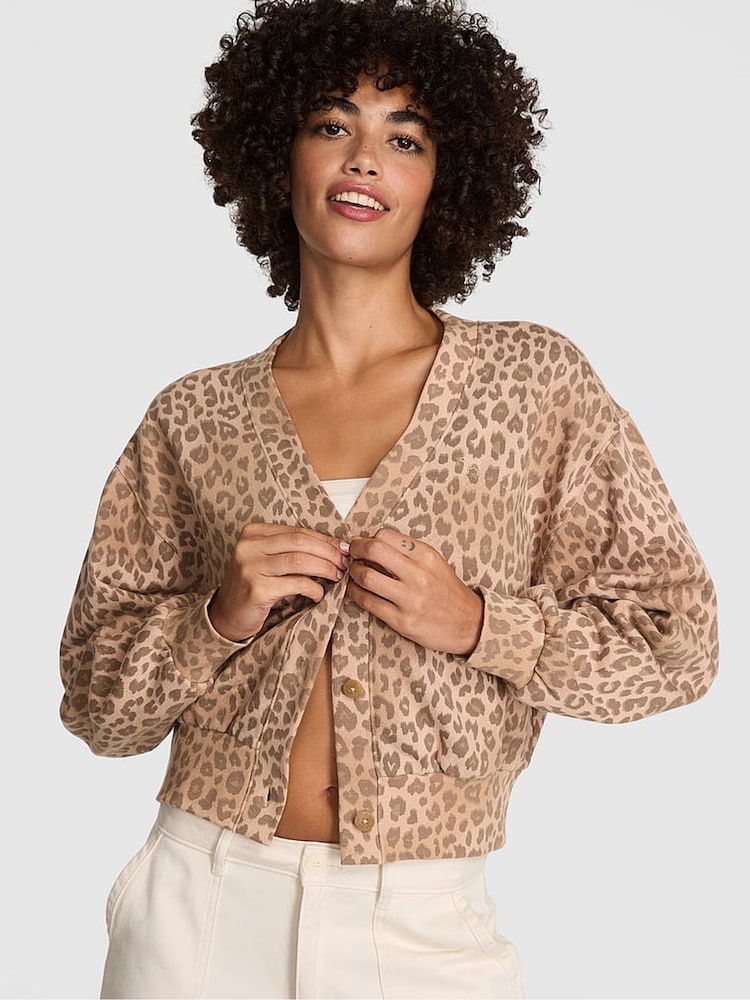 Victoria's Secret PINK Brown Leopard Cropped Fleece Cardigan - Image 1 of 2