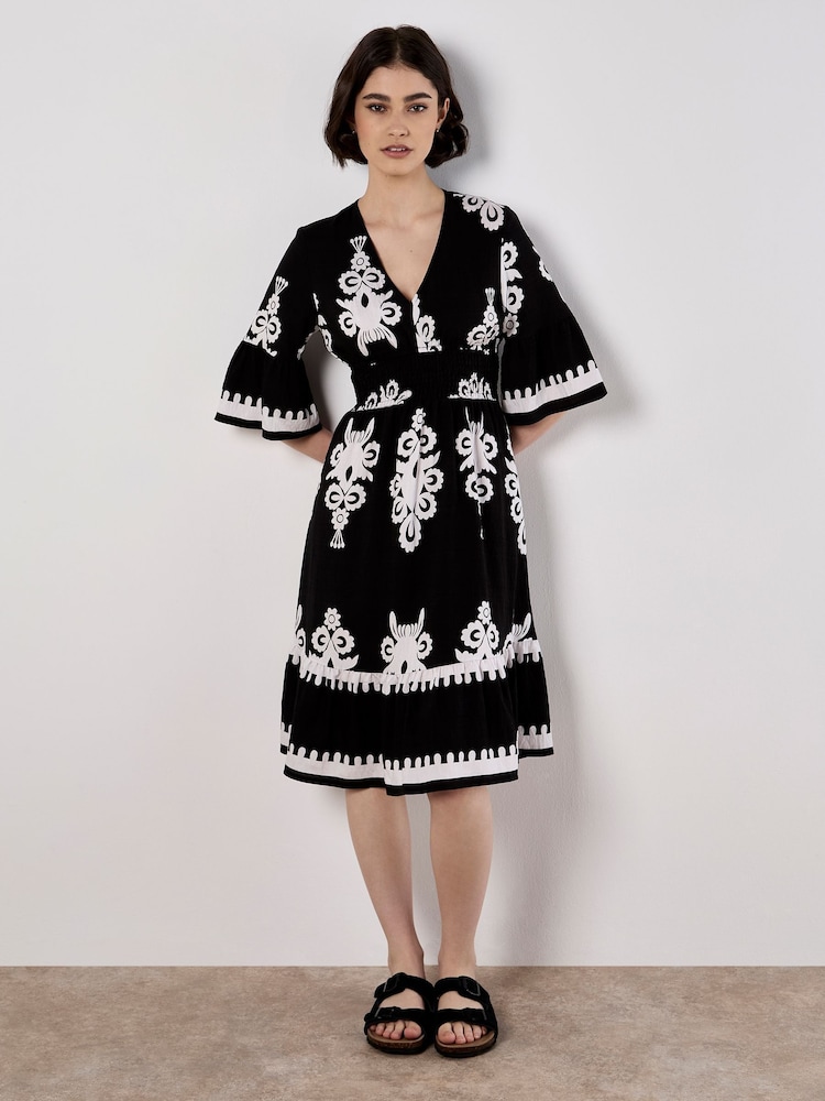 Apricot Black Floral Print Baroque Smock Border Dress - Image 1 of 4