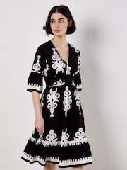 Apricot Black Floral Print Baroque Smock Border Dress - Image 2 of 4