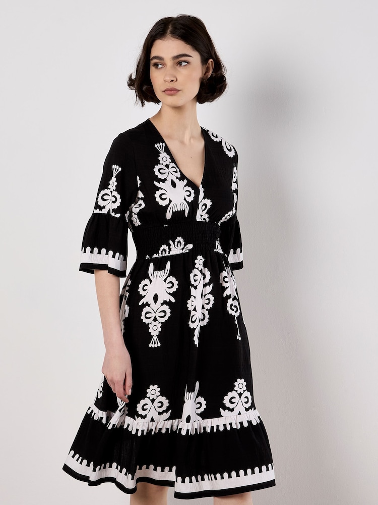 Apricot Black Floral Print Baroque Smock Border Dress - Image 2 of 4