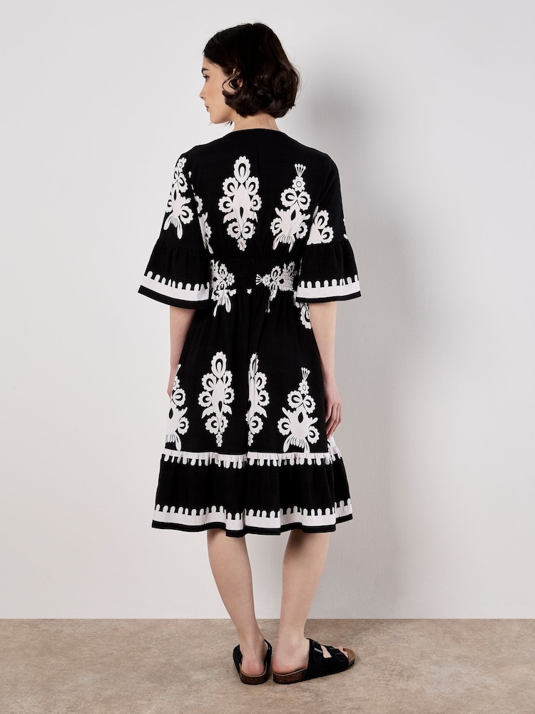 Apricot Black Floral Print Baroque Smock Border Dress - Image 4 of 4