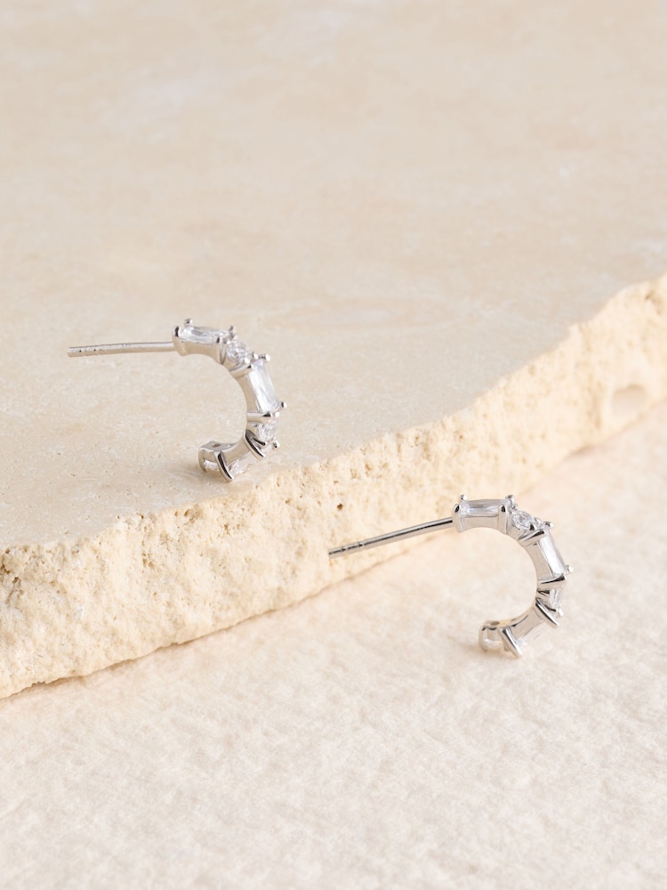 Sterling Silver Tone Baguette Stone Hoop Earrings - Image 1 of 3