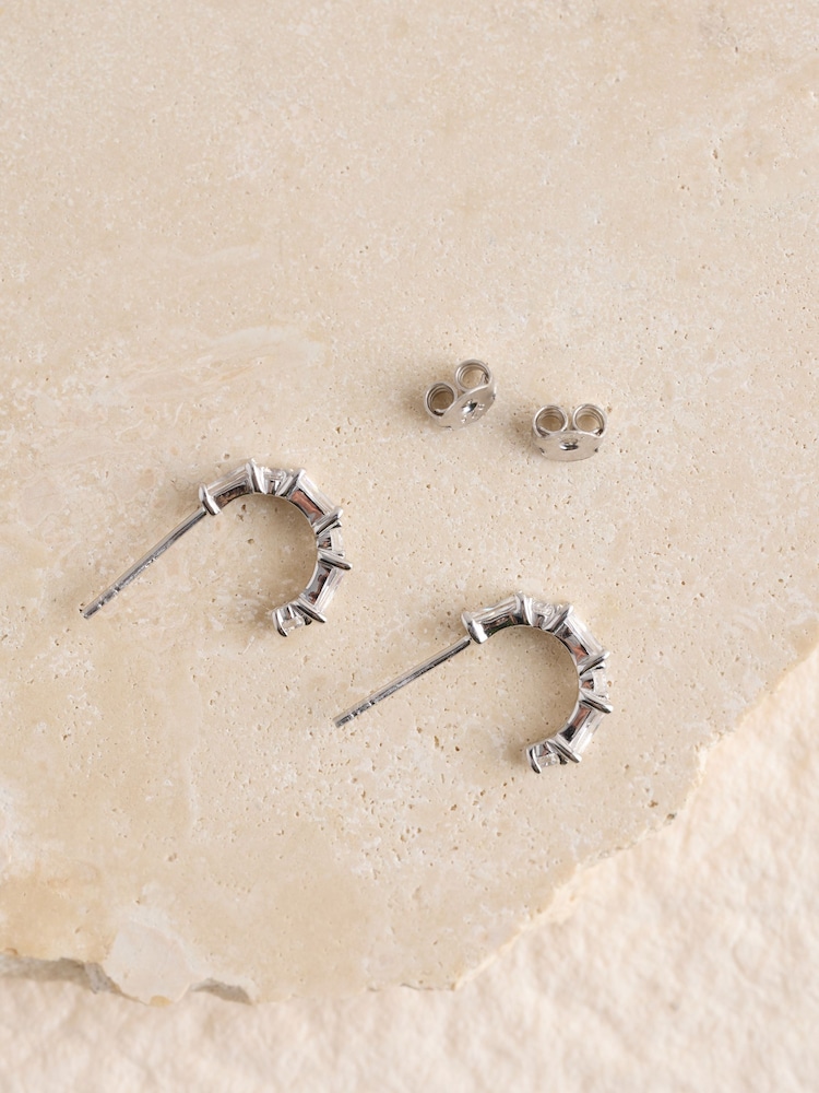 Sterling Silver Tone Baguette Stone Hoop Earrings - Image 3 of 3
