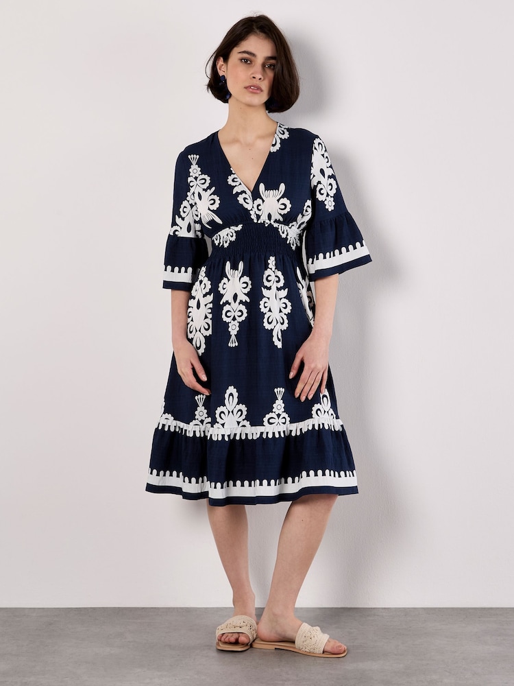 Apricot Blue Floral Print Baroque Smock Border Dress - Image 2 of 5