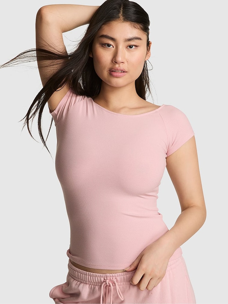 Victoria's Secret PINK Dollhouse Pink Ribbed T-Shirt - Image 1 of 2 Victoria's Secret PINK Dollhouse Pink Ribbed T-Shirt - Image 1 of 2