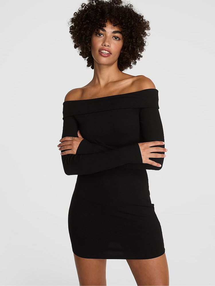 Victoria's Secret PINK Black Off The Shoulder Ribbed Dress - Image 1 of 3 Victoria's Secret PINK Black Off The Shoulder Ribbed Dress - Image 1 of 3