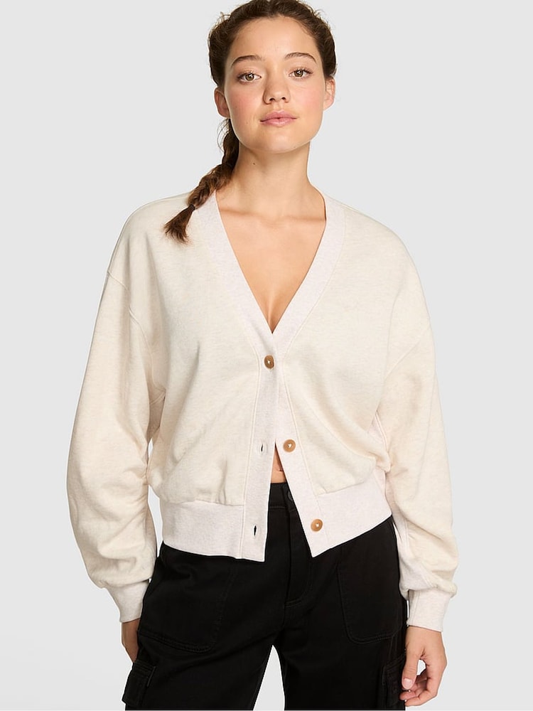 Victoria's Secret PINK Natural Heather White Cropped Fleece Cardigan - Image 1 of 2 Victoria's Secret PINK Natural Heather White Cropped Fleece Cardigan - Image 1 of 2