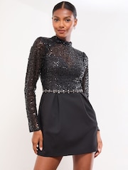 Lipsy Black Sequin Embellished Trim Lantern Mini Dress - Image 3 of 4
