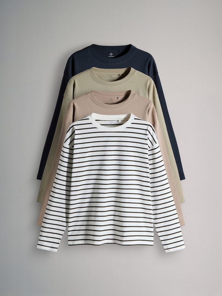 The Set Navy/Stripe/Neutral/Khaki 4 Pack Heavyweight Long Sleeve T-Shirts - Image 1 of 7