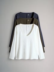 The Set Navy/Khaki/Cream 3 Pack 100% Cotton Slub Deep V-Neck Long Sleeve Tops - Image 1 of 5