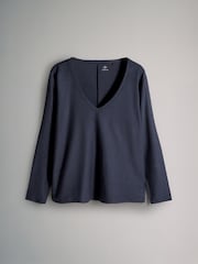 The Set Navy/Khaki/Cream 3 Pack 100% Cotton Slub Deep V-Neck Long Sleeve Tops - Image 2 of 5