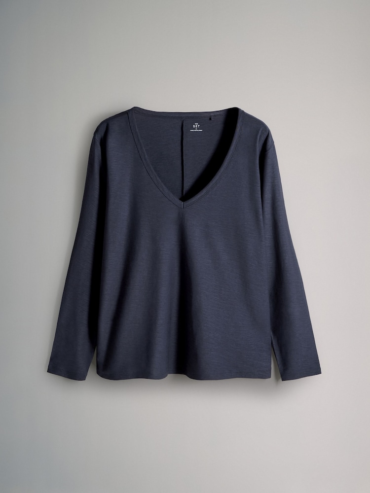 The Set Navy/Khaki/Cream 3 Pack 100% Cotton Slub Deep V-Neck Long Sleeve Tops - Image 2 of 5