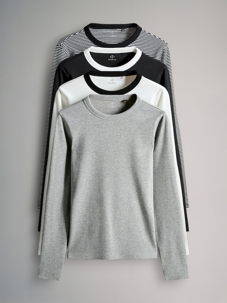 The Set Black/White/Grey/Stripe 4 Pack Rib Contrast Long Sleeve T-Shirts - Image 1 of 7
