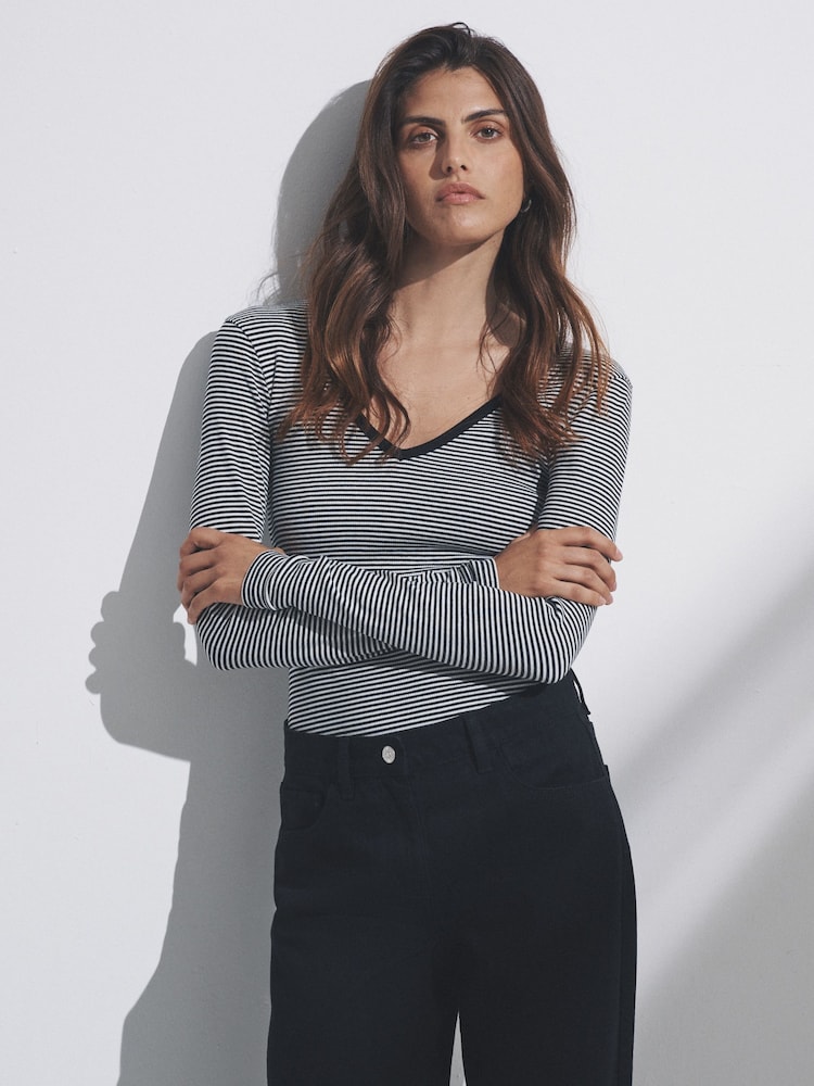 The Set Black/White/Grey/Stripe 4 Pack V-Neck Ribbed Long Sleeve T-Shirts - Image 1 of 12