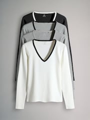 The Set Black/White/Grey/Stripe 4 Pack V-Neck Ribbed Long Sleeve T-Shirts - Image 2 of 12