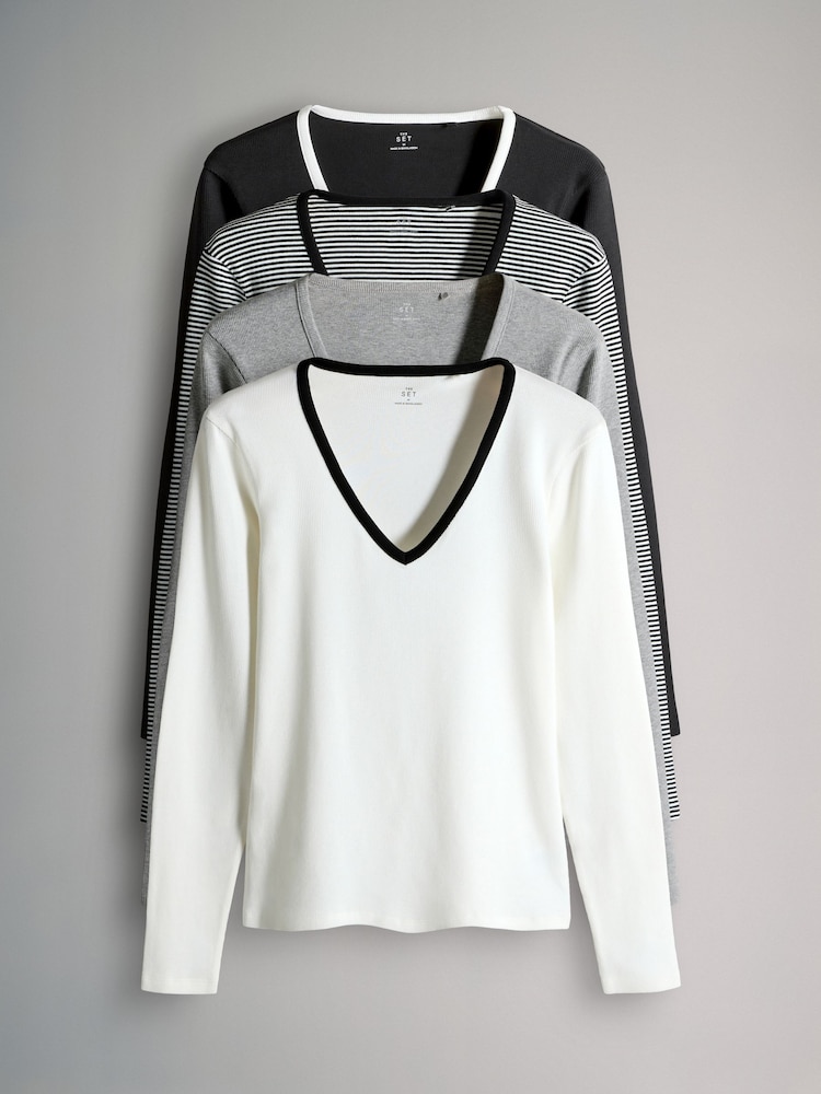 The Set Black/White/Grey/Stripe 4 Pack V-Neck Ribbed Long Sleeve T-Shirts - Image 2 of 12