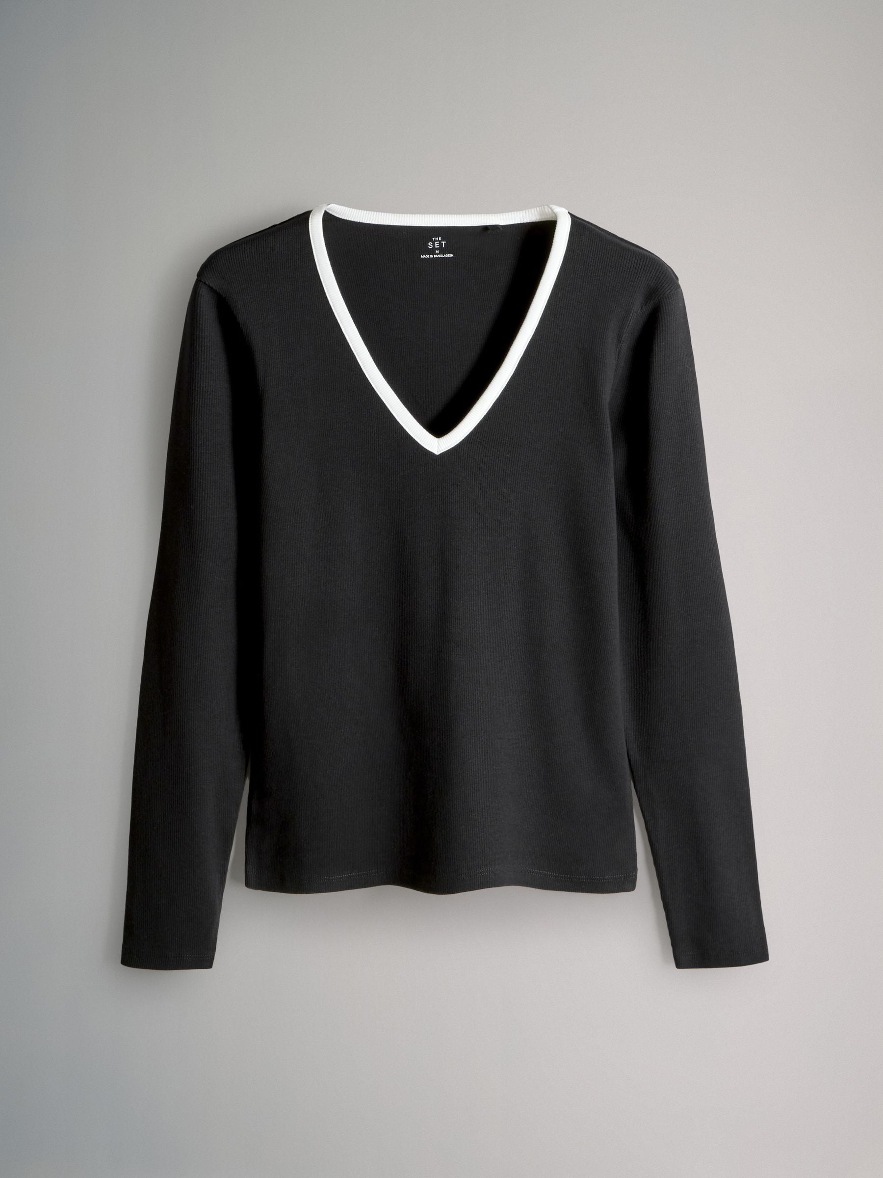 Buy The Set 4 Pack V-Neck Ribbed Long Sleeve T-Shirts Black/White