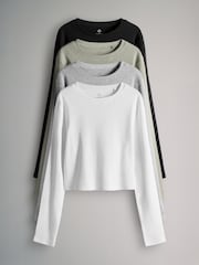 The Set Black/Grey/Khaki/White 4 Pack Long Sleeve Rib T-Shirts - Image 1 of 7
