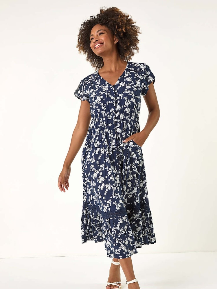 Roman Blue Floral Print Button Down Frill Midi Dress - Image 1 of 5