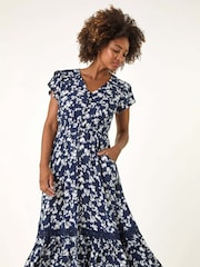 Roman Blue Floral Print Button Down Frill Midi Dress - Image 2 of 5