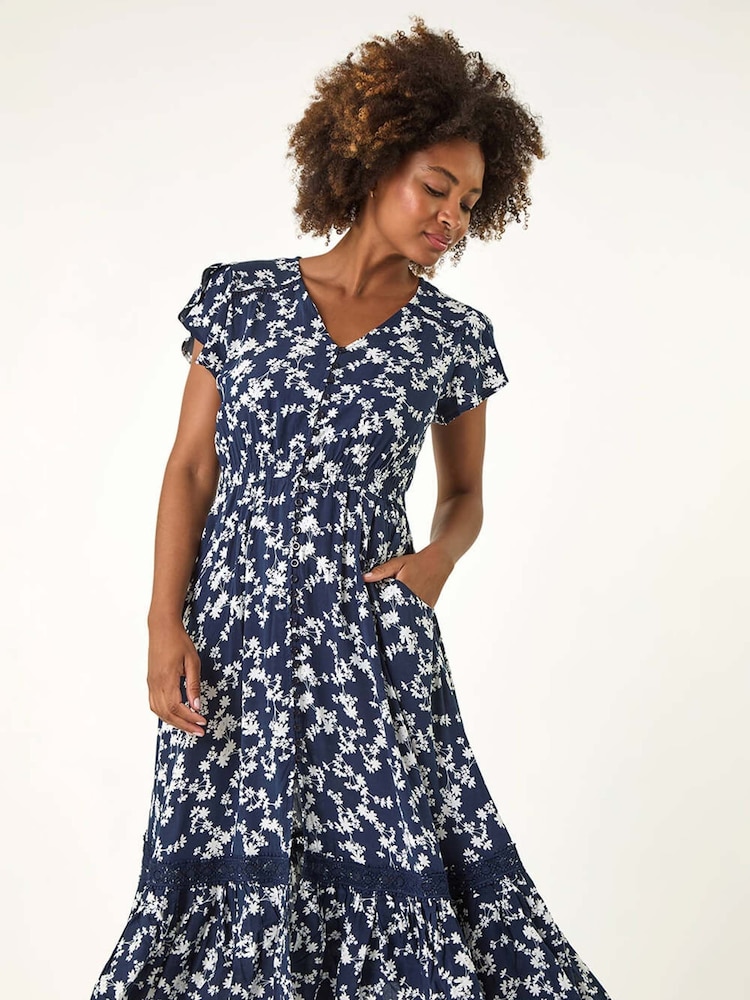 Roman Floral Print Button Down Frill Midi Dress - Imagen 2 de 5 Roman Floral Print Button Down Frill Midi Dress - Imagen 2 de 5