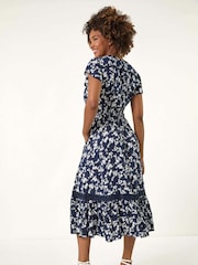 Roman Blue Floral Print Button Down Frill Midi Dress - Image 3 of 5