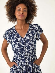 Roman Blue Floral Print Button Down Frill Midi Dress - Image 4 of 5