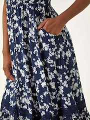 Roman Blue Floral Print Button Down Frill Midi Dress - Image 5 of 5