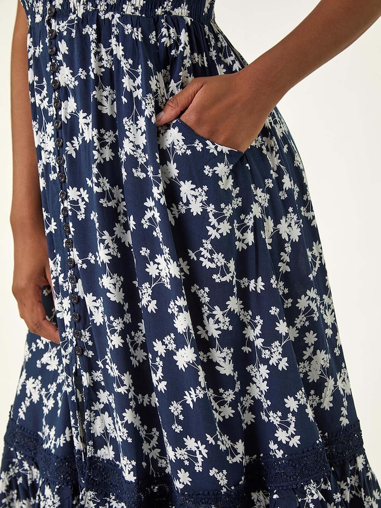 Roman Blue Floral Print Button Down Frill Midi Dress - Image 5 of 5