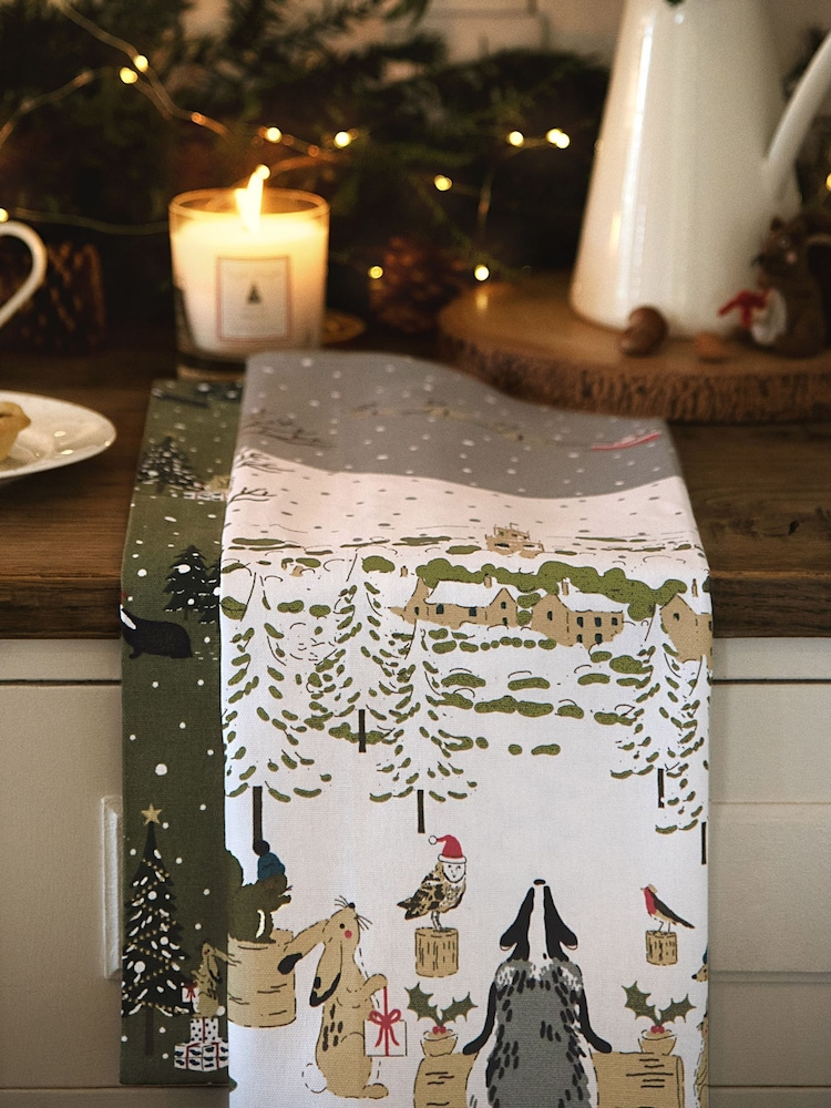 Sophie Allport Set of 2 Forest Green Festive Tea Towels - Image 1 of 2 Sophie Allport Set of 2 Forest Green Festive Tea Towels - Image 1 of 2