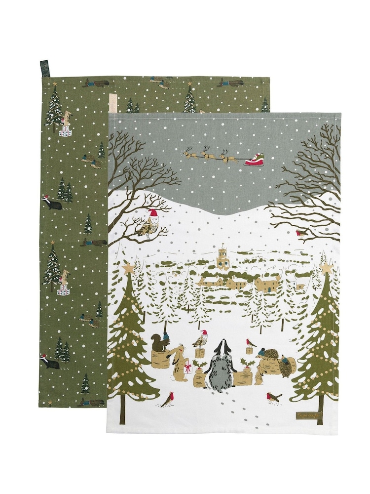 Sophie Allport Set of 2 Forest Green Festive Tea Towels - Image 2 of 2 Sophie Allport Set of 2 Forest Green Festive Tea Towels - Image 2 of 2