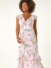 Roman Pink Floral Print Frill Chiffon Midi Dress - Image 1 of 5