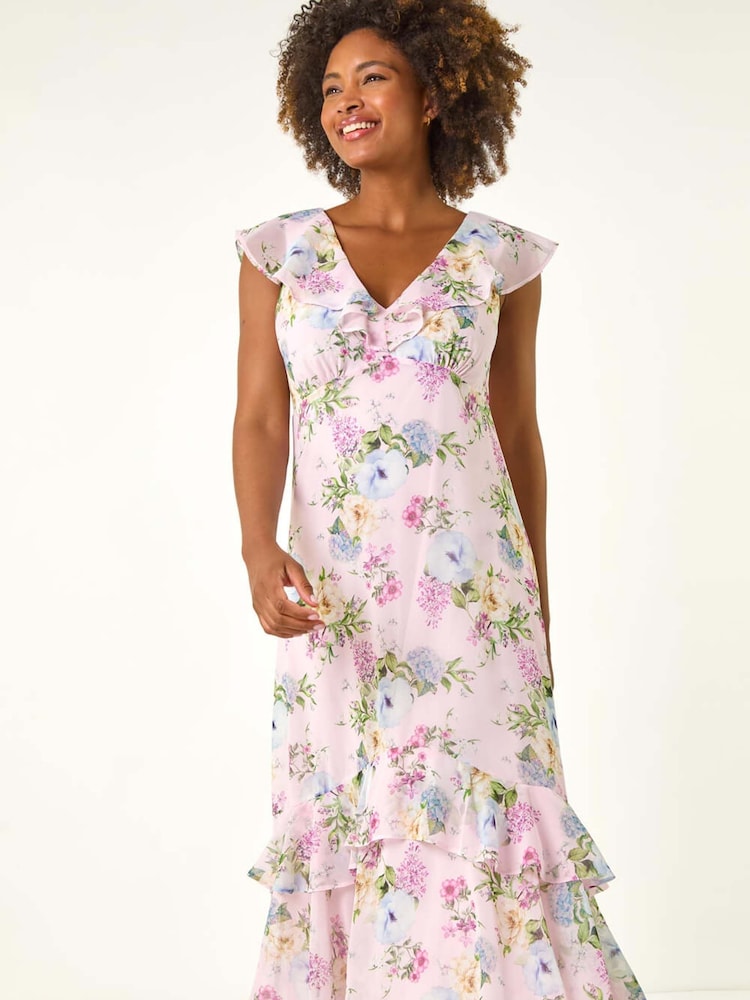 Roman Pink Floral Print Frill Chiffon Midi Dress - Image 1 of 5