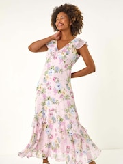 Roman Pink Floral Print Frill Chiffon Midi Dress - Image 2 of 5