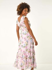 Roman Pink Floral Print Frill Chiffon Midi Dress - Image 3 of 5