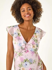 Roman Pink Floral Print Frill Chiffon Midi Dress - Image 4 of 5