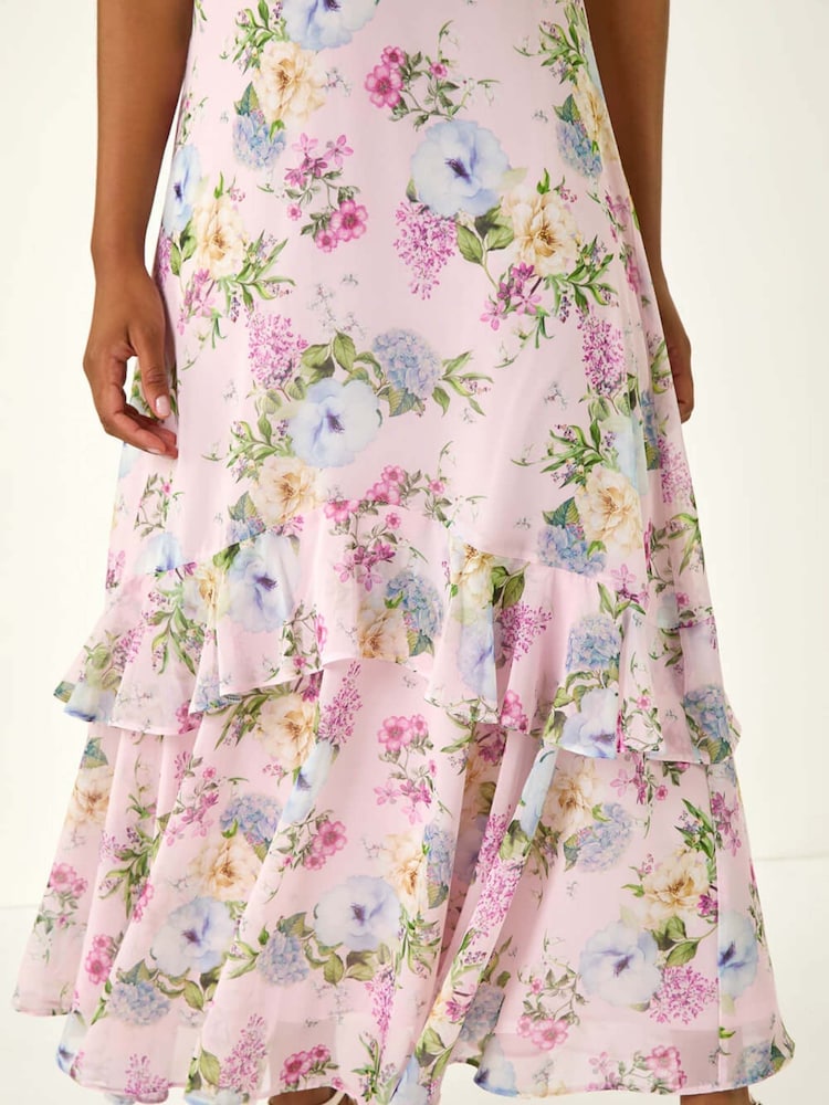 Roman Pink Floral Print Frill Chiffon Midi Dress - Image 5 of 5