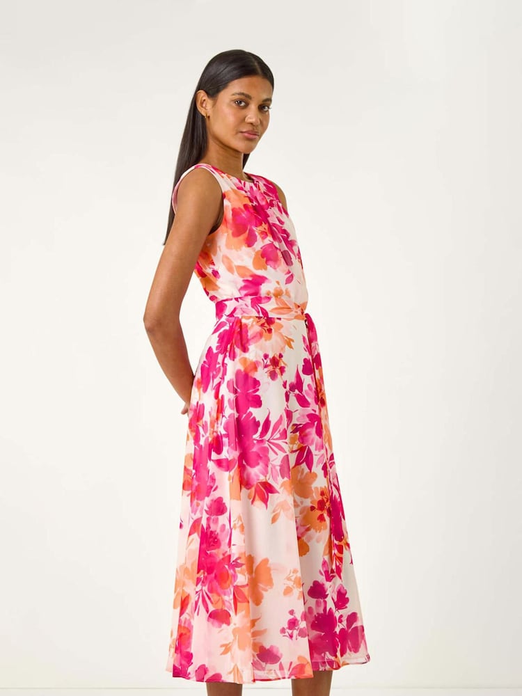 Roman Pink Floral Print Pleated Neck Midi Dress - Image 1 of 5