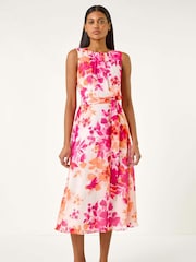 Roman Pink Floral Print Pleated Neck Midi Dress - Image 2 of 5