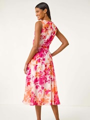 Roman Pink Floral Print Pleated Neck Midi Dress - Image 3 of 5
