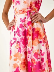 Roman Pink Floral Print Pleated Neck Midi Dress - Image 5 of 5