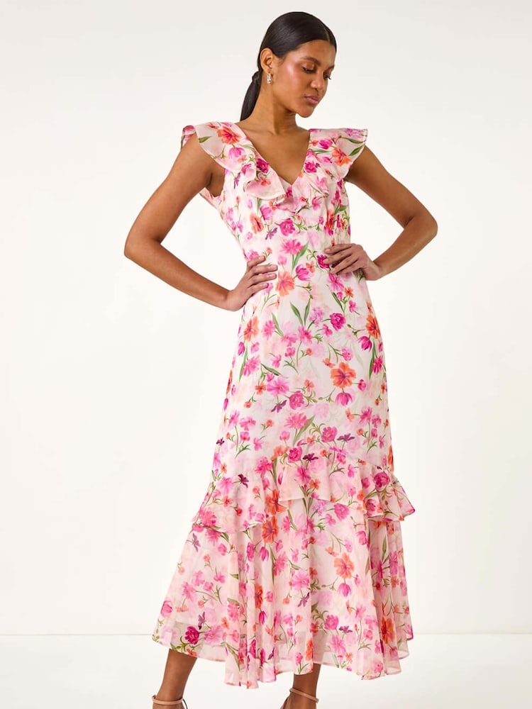 Roman White Floral Print Frill Chiffon Midi Dress - Image 1 of 5