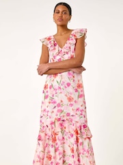 Roman White Floral Print Frill Chiffon Midi Dress - Image 2 of 5