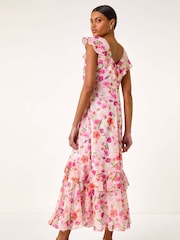 Roman White Floral Print Frill Chiffon Midi Dress - Image 3 of 5
