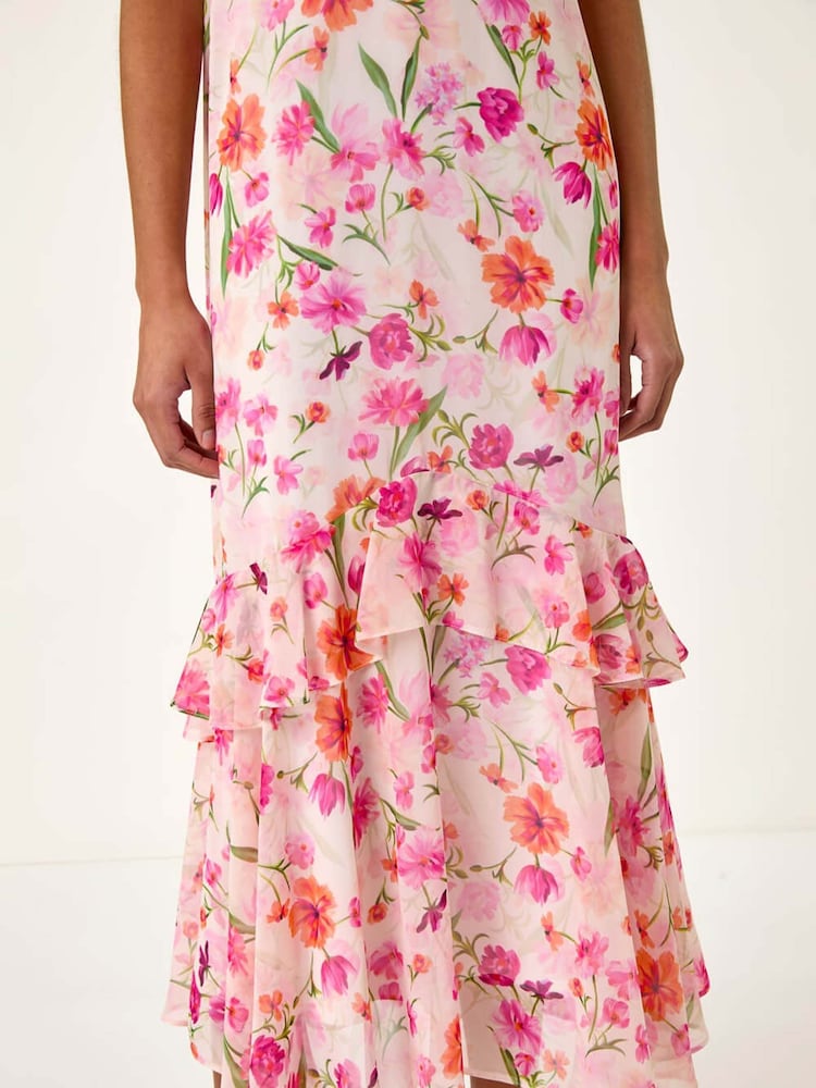 Roman White Floral Print Frill Chiffon Midi Dress - Image 5 of 5