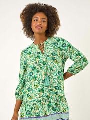 Roman Green Floral Print Border Smock Dress - Image 4 of 5